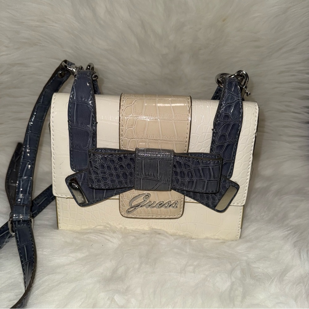 Guess Cream and Navy Croc-Embossed Crossbody Bag